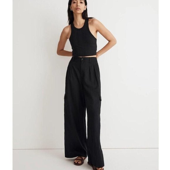 MADEWELL Wide-Leg Cargo Pants Linen-Blend Women's Size 14 Black  NN554 - Picture 13 of 13